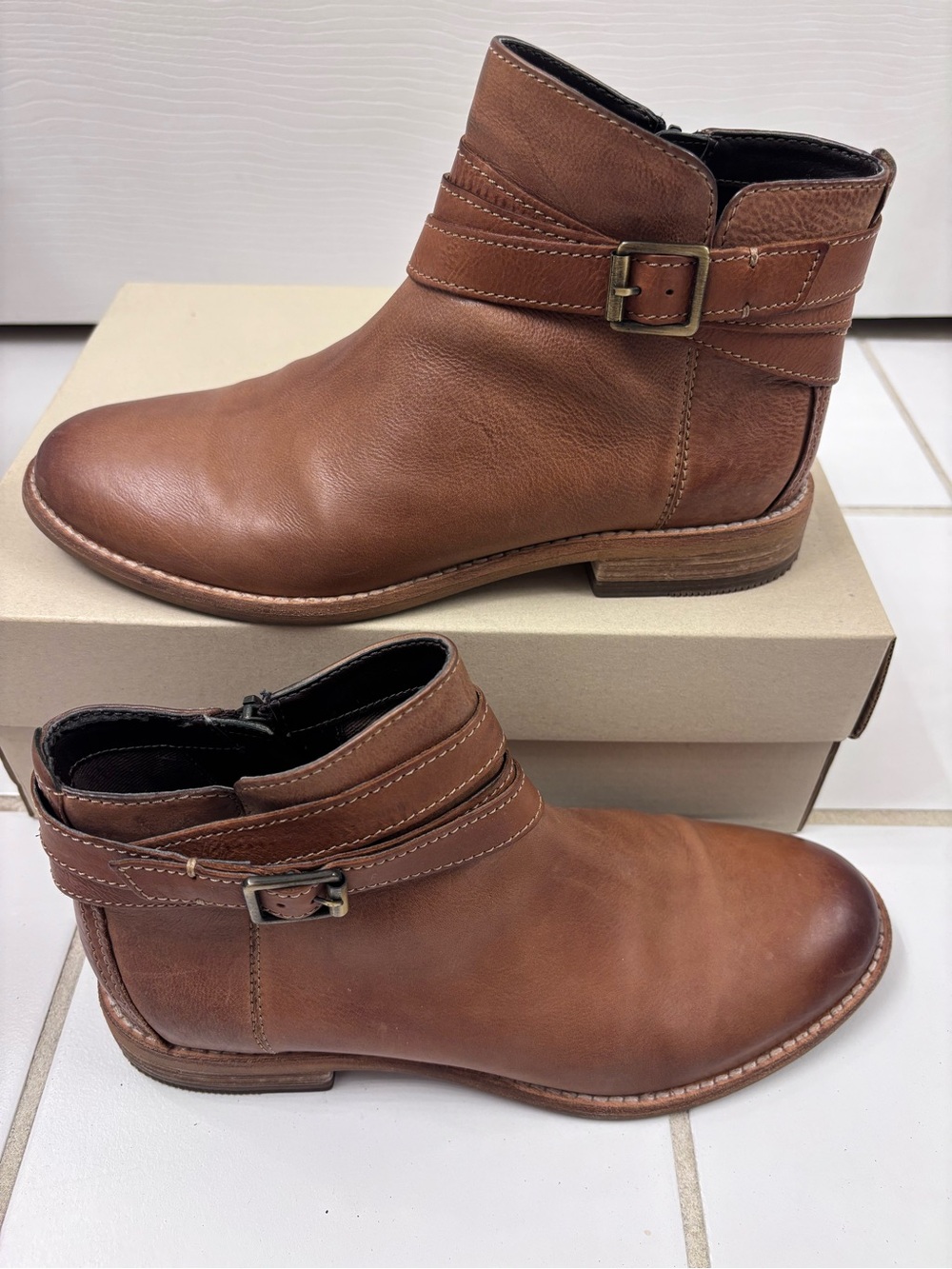 Clarks Tan Leather Ankle Booties with Buckle Strap - Picture 2 of 11